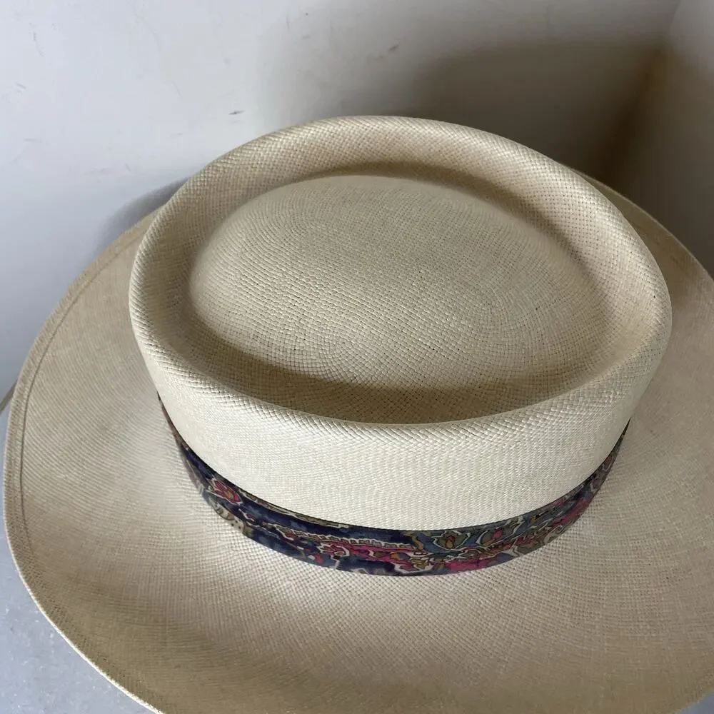 VTG Churchill Ltd Genuine Shantung Straw Panama Hat Size 7 3/8 Paisley Band